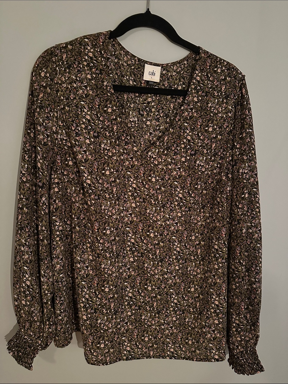 CAbi Olive and Pink Floral V-Neck Long Sleeve Blouse